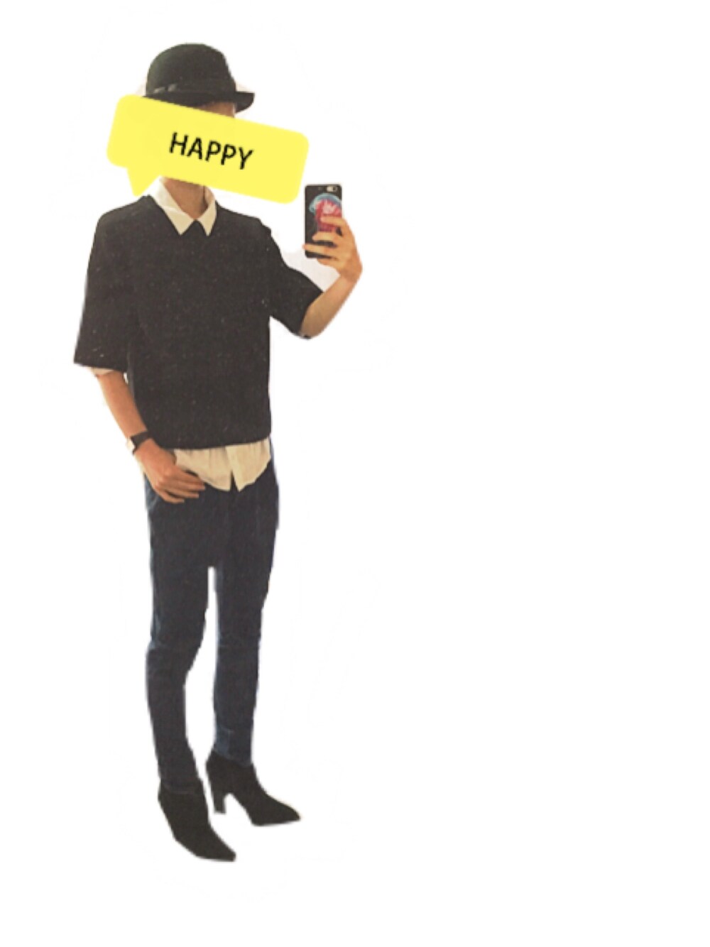 ブルー系のデニムパンツ、ブラック系のニット/セーター、ブラック系のハットを着用したレディースの秋コーディネートの1枚目の写真