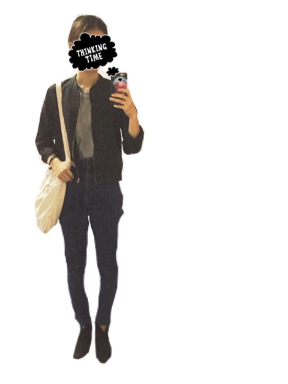 「秋、ootd、GU、楽チンコーデ、ラフ、street、ブルゾン、ブーツ、モノトーンコーデ」｜「MOUSSYのTUCK DENIM PT（デニムパンツ、ブルー系）」を使った、ashibaさん（レディース・158cm）の秋コーディネートの1枚目の写真