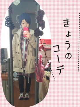 「アイテム（シャツワンピース、レッド系）」を使った、クロソラさん（レディース・154cm）の冬コーディネート