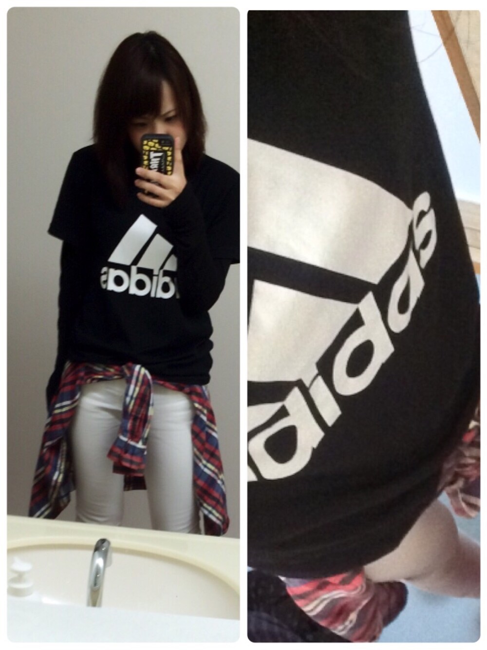 「adidas originals、あったかいんだから、爽やか、短足」｜「adidas Originalsのアイテム（Tシャツ/カットソー、ブラック系）」を使った、ともぱんさん（レディース・167cm）の春コーディネートの1枚目の写真