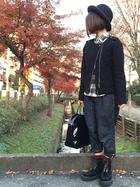 「ネルシャツ」｜「アイテム（ノーカラージャケット）」を使った、yopeさん（レディース・152cm）の冬コーディネート