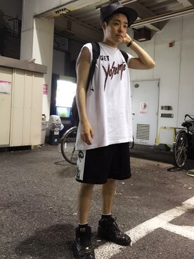 「LABRAT（ラブラット）のアイテム（キャップ）」を使った、yopeさん（メンズ・174cm）の夏コーディネート