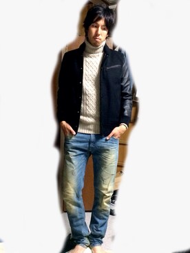 「ケーブルニット」｜「アイテム（スタジャン）」を使った、はっとさん（メンズ・178cm）の冬コーディネート