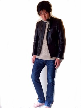「SHELLAC（シェラック）のアイテム（ライダースジャケット）」を使った、はっとさん（メンズ・178cm）の冬コーディネート