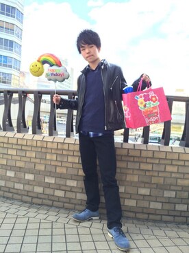「誕生日」｜「アイテム（ライダースジャケット）」を使った、孝規さん（メンズ・168cm）の春コーディネート