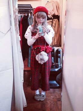 「アイテム（つなぎ/オールインワン、レッド系）」を使った、ちゅん（はあとさん（レディース・158cm）の冬コーディネート