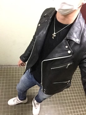 「ケーブルニット」｜「アイテム（ライダースジャケット）」を使った、N.Hさん（メンズ・166cm）の秋コーディネート