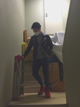 「ケーブルニット」｜「アイテム（ライダースジャケット）」を使った、N.Hさん（メンズ・166cm）の冬コーディネート