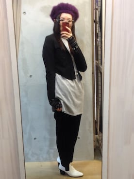 「アイテム（キャスケット、パープル系）」を使った、のび子さん（レディース・165cm）の冬コーディネート