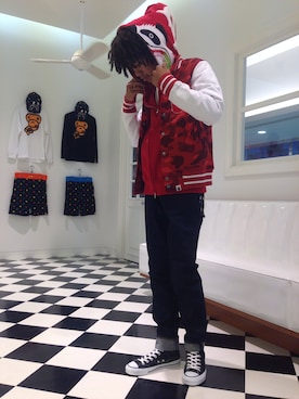 「Bape」｜「アイテム（スタジャン）」を使った、三溝 嵐さん（メンズ・171cm）の冬コーディネート