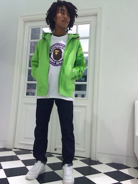 「アイテム（パーカー、グリーン系）」を使った、三溝 嵐さん（メンズ・172cm）の冬コーディネート