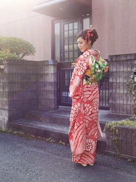 「アイテム（水着/着物・浴衣、レッド系）」を使った、yukoさん（レディース・169cm）の冬コーディネート