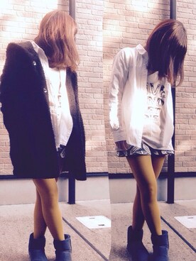 「ニットショートパンツ」｜「アイテム（その他アウター）」を使った、はるたさん（レディース・153cm）の秋コーディネート
