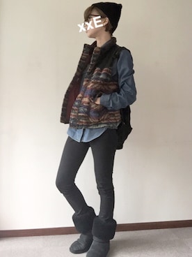 「アイテム（ダウンベスト、その他）」を使った、Exxさん（レディース・163cm）の冬コーディネート
