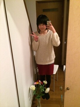 「earth music&ecology（アースミュージックアンドエコロジー）のニット（ニット/セーター、ホワイト系）」を使った、あきほさん（レディース・159cm）の春コーディネート