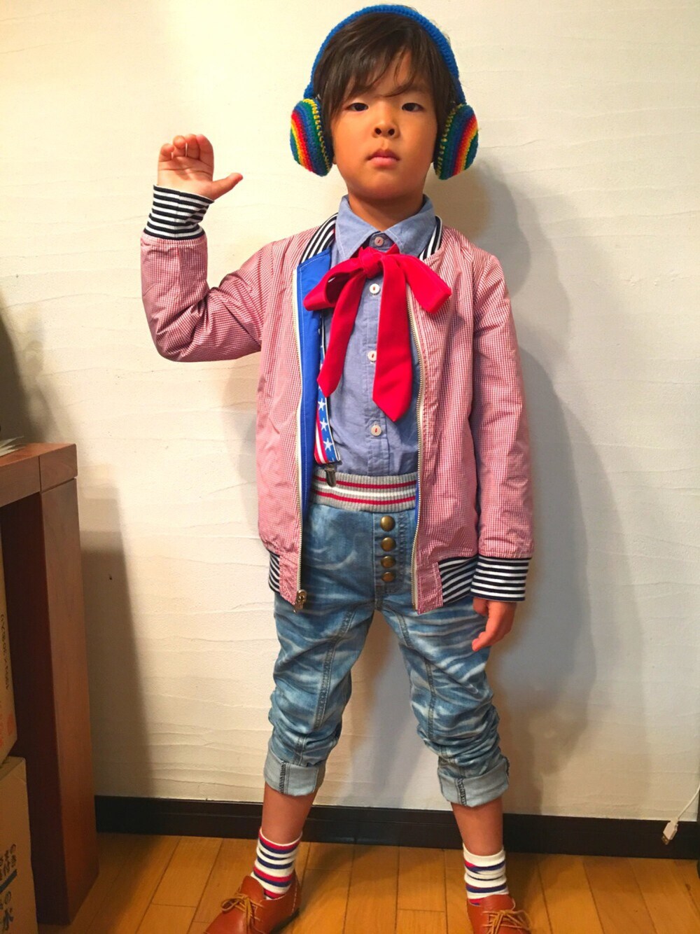 「kids、BOOFOOWOO、イヤーマフ、ブーフーウーWEARコンテスト」｜「BOOFOOWOOのアイテム（イヤーマフ、その他）」を使った、HARUTOさん（キッズ・122cm）の秋コーディネートの1枚目の写真