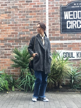 「フリンジデニム」｜「アイテム（その他アウター）」を使った、菅千代美(すがちよみ)さん（レディース・170cm）の秋コーディネート