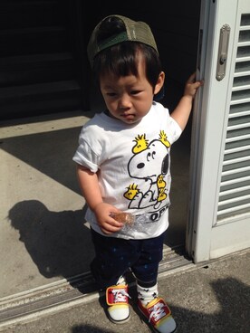 「UNIQLO（ユニクロ）のアイテム（Tシャツ/カットソー、ホワイト系）」を使った、fukumonaさん（キッズ・90cm）の夏コーディネート