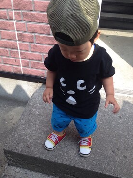 「Ne-net（ネネット）のアイテム（Tシャツ/カットソー、ブラック系）」を使った、fukumonaさん（キッズ・90cm）の夏コーディネート
