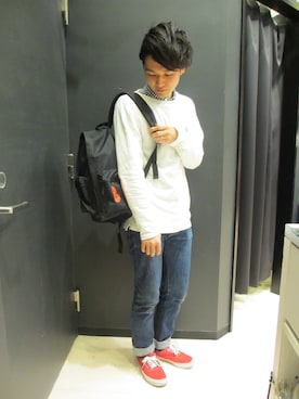 「アイテム（バックパック/リュック）」を使った、家元悠人さん（メンズ・170cm）の春コーディネート