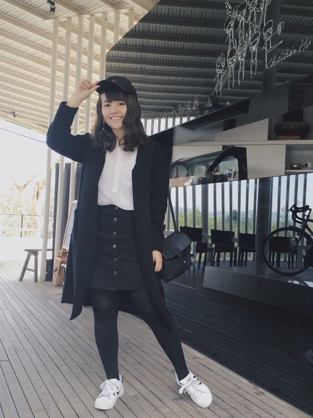「九樹森林、南投、日月潭、SunMoonLake、adidas、LOWRYS FARM、Polo Ralph Lauren、H:CONNECT」｜「H:CONNECTのアイテム（ダウンジャケット/コート、ブラック系）」を使った、inzooさん（レディース・161cm）の春コーディネートの1枚目の写真