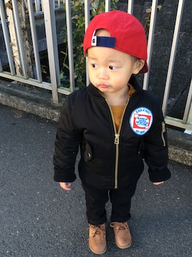 「RCWB KIDS（アールシーダブリュービーキッズ）のアイテム（キャップ）」を使った、ka-kさん（キッズ・90cm）の冬コーディネート