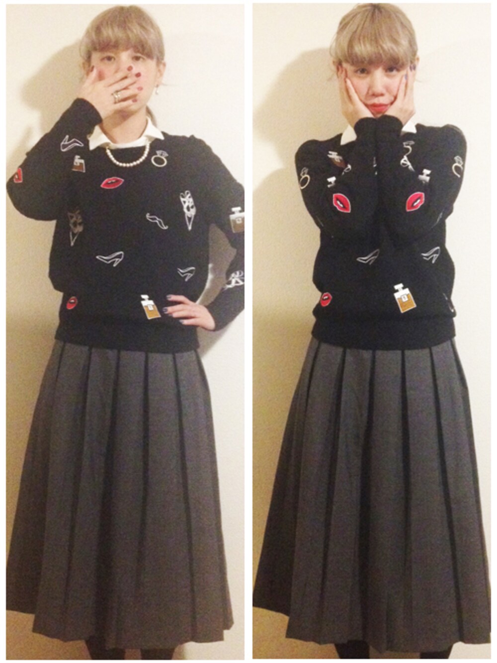 ホワイト系のシャツ/ブラウス、ブラック系のニット/セーター、グレー系のスカートを着用したレディースの秋コーディネートの1枚目の写真