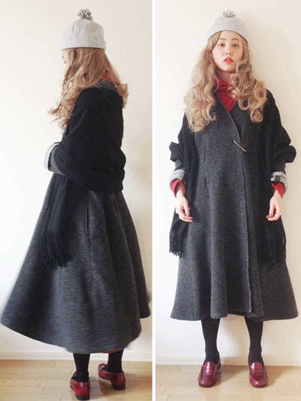 レッド系のワンピース、グレー系のその他アウター、レッド系のその他シューズを着用したレディースの冬コーディネートの1枚目の写真
