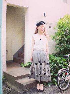 「スキッパーシャツ」｜「アイテム（ハンチング/ベレー帽）」を使った、aknさん（レディース・159cm）の春コーディネート