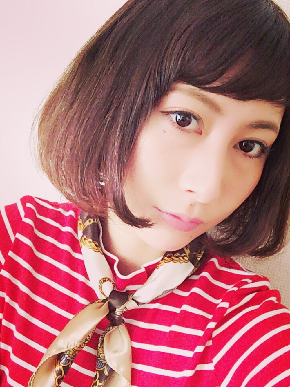 「スカーフ、ボーダートップス、ハイネック、ボーダー、プチプラ、プチプラコーデ、柄×柄、春コーデ、チュールスカート、ガーリー」｜「INGNIの【CanCan5月号掲載商品】チェーン柄/スカーフ-2016ＳＳ-（バンダナ/スカーフ、ベージュ系）」を使った、ヤマキミさん（レディース・154cm）の春コーディネートの1枚目の写真