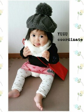 「アイテム（デニムスカート、レッド系）」を使った、sora♡yuzuさん（キッズ・80cm）の秋コーディネート