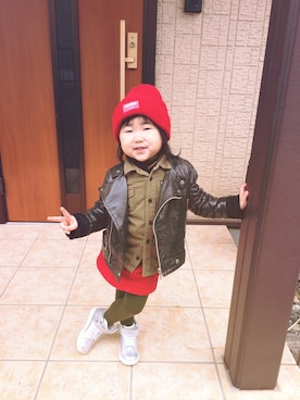 「アイテム（ライダースジャケット）」を使った、たくみさん（キッズ・100cm）の冬コーディネート