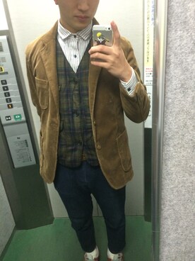 「coen（コーエン）のエアリーコーデュロイジャケット（テーラードジャケット、ベージュ系）」を使った、Tarooonさん（メンズ・180cm）の冬コーディネート