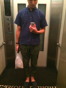 「オーダーシャツのアイテム（シャツ/ブラウス、ブルー系）」を使った、Tarooonさん（メンズ・180cm）の夏コーディネート