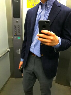 「オーダーシャツのアイテム（シャツ/ブラウス、ブルー系）」を使った、Tarooonさん（メンズ・180cm）の秋コーディネート