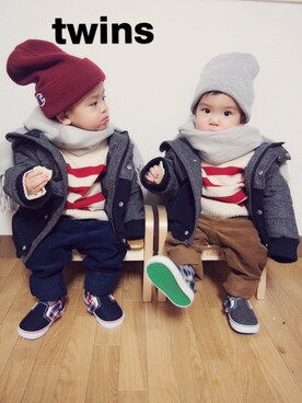 「西松屋（ニシマツヤ）のアイテム（ニット/セーター、その他）」を使った、くーふーさん（キッズ・80cm）の冬コーディネート