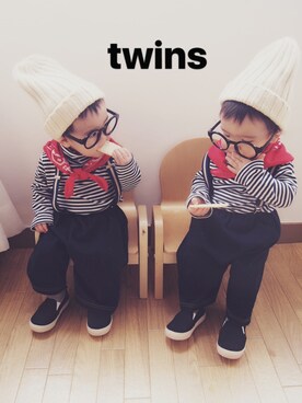 「西松屋（ニシマツヤ）のアイテム（Tシャツ/カットソー、ホワイト系）」を使った、くーふーさん（キッズ・80cm）の春コーディネート