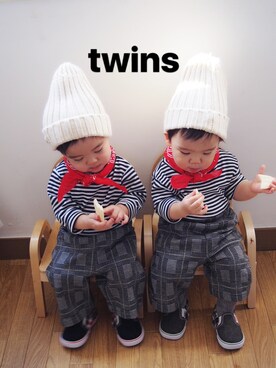 「西松屋（ニシマツヤ）のアイテム（Tシャツ/カットソー、その他）」を使った、くーふーさん（キッズ・80cm）の春コーディネート