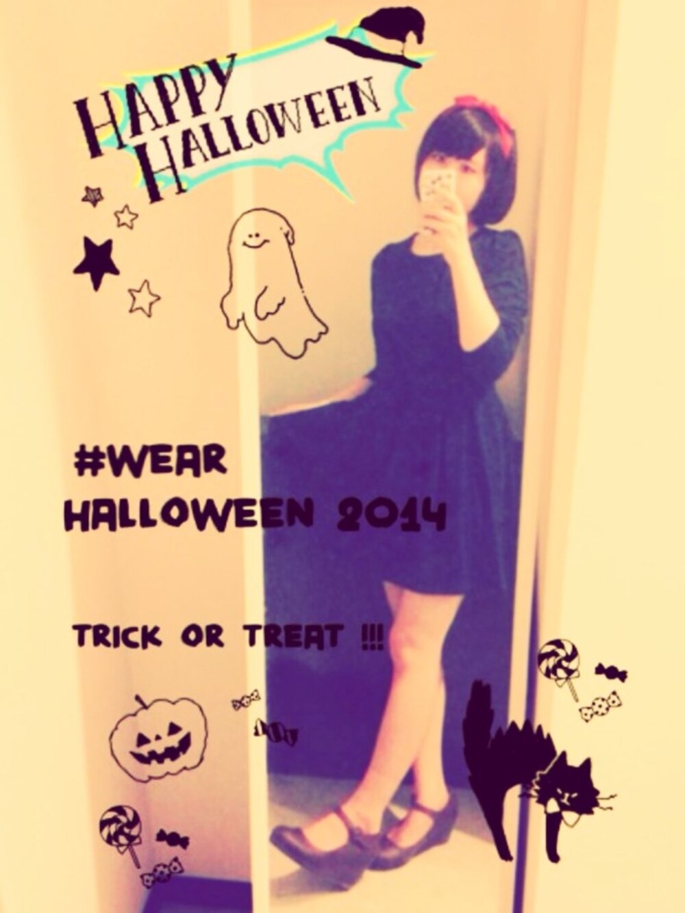 「WEAR HALLOWEEN 2014、Trick or Treat、魔女の宅急便、キキ」｜「earth music&ecologyのリボンフロッキーC&S/長袖ワンピース（ワンピース、ブルー系）」を使った、にみりさん（レディース・157cm）の秋コーディネートの1枚目の写真