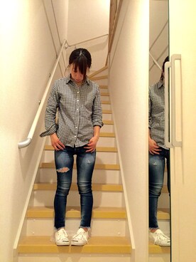 「Ungrid（アングリッド）のフレイドヘムストスリ（デニムパンツ）」を使った、tamasco*さん（レディース・155cm）の春コーディネート