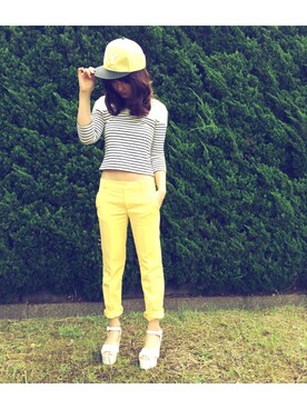「LAGUNAMOON（ラグナムーン）のジャガードオフショルTOPS（Tシャツ/カットソー、その他）」を使った、奥田晃子さん（レディース・153cm）の夏コーディネート