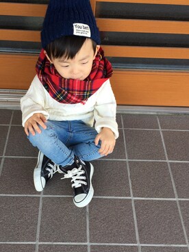 「Right-on KIDS（ライトオンキッズ）のアイテム（ニット/セーター）」を使った、SOU ＊YUZUさん（キッズ・90cm）の秋コーディネート
