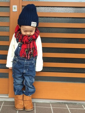 「赤チェック」｜「アイテム（サロペット/オーバーオール）」を使った、SOU ＊YUZUさん（キッズ・90cm）の冬コーディネート