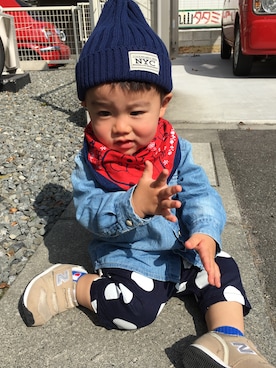 「しまむら（シマムラ）のアイテム（ニットキャップ/ビーニー、ブルー系）」を使った、SiONさん（キッズ・90cm）の春コーディネート