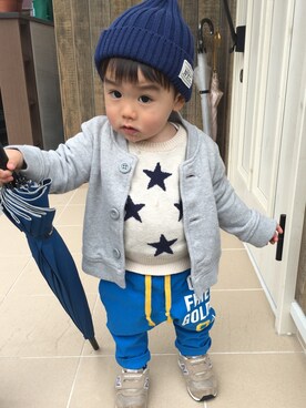 「しまむら（シマムラ）のアイテム（ニットキャップ/ビーニー、ブルー系）」を使った、SiONさん（キッズ・90cm）の春コーディネート