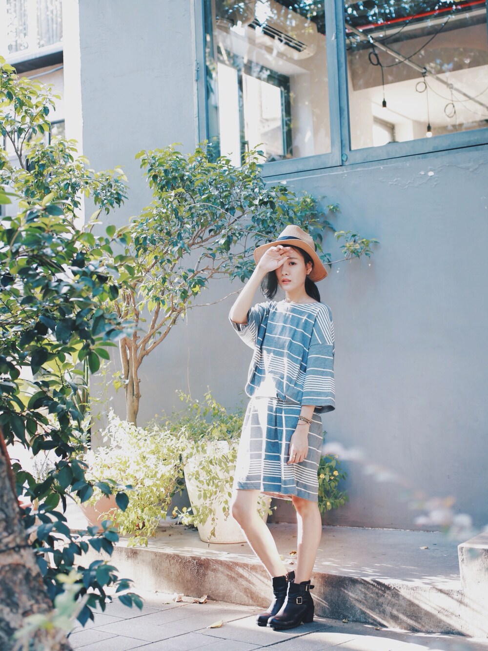 「Sunnyday、boots、onepiece」｜「no brandのアイテム（ハット、ベージュ系）」を使った、manju大饅さん（レディース・159cm）の秋コーディネートの1枚目の写真