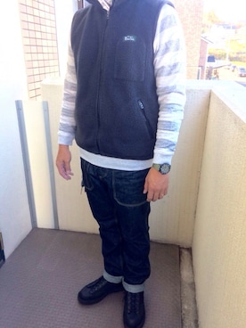 「MANASTASH（マナスタッシュ）のアイテム（ベスト）」を使った、COBYさん（メンズ・178cm）の秋コーディネート
