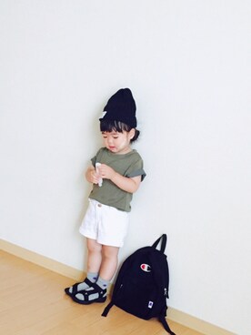 「カーキ×ホワイト」｜「アイテム（その他）」を使った、yuiさん（キッズ・90cm）の夏コーディネート