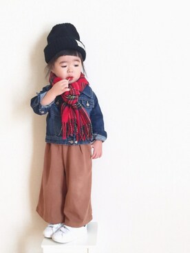 「赤チェック」｜「アイテム（デニムジャケット）」を使った、yuiさん（キッズ・90cm）の秋コーディネート