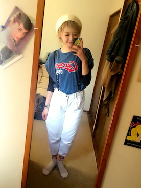 「コラボTシャツ」｜「アイテム（ハンチング/ベレー帽）」を使った、Ryo❁さん（レディース・159cm）の春コーディネート
